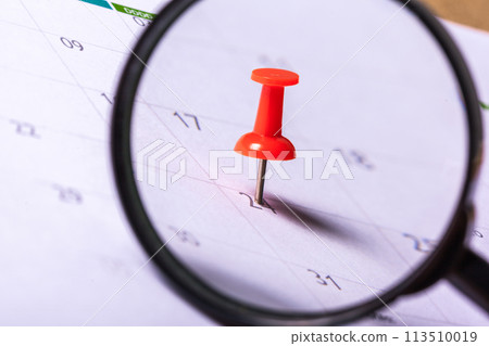 Concept image of a calendar with red push pin Concept image of a calendar with red push pin 113510019