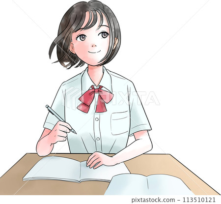Illustration of a female student in summer clothes studying 113510121