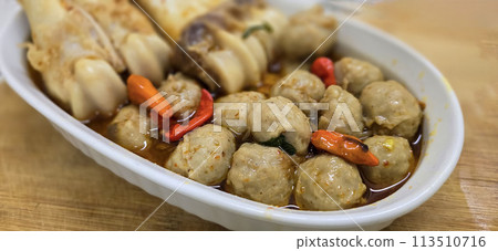 Delicious Indonesian meatballs with huge bones contains bone marrow in spicy beef broth and chilies Delicious Indonesian meatballs with huge bones contains bone marrow in spicy beef broth and chilies 113510716