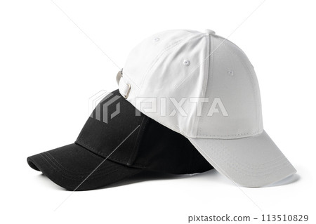 Two White and Black Hats on a White Background 113510829