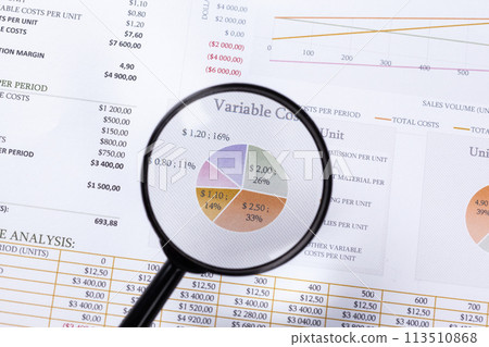 financial documents with magnifying glass over them financial documents with magnifying glass over them 113510868