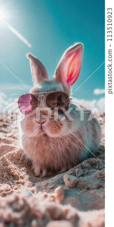 Summer vacation concept. A cool looking rabbit enjoying sun on the beach wearing sunglasses 113510923