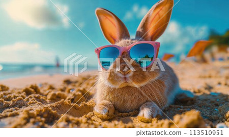 Summer vacation concept. A cool looking rabbit enjoying sun on the beach wearing sunglasses 113510951
