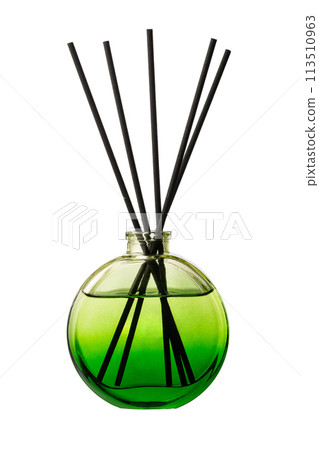 Aromatic diffuser bottle with sticks isolated on white background Aromatic diffuser bottle with sticks isolated on white background 113510963