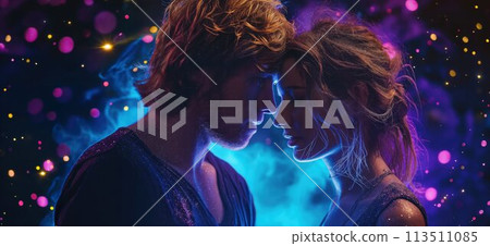 Prom king and queen. Young couple in love standing in a dimly lit room. Surrounded by vibrant purple and blue neon light, sprinkles, splashes, glitters and sparkles. Prom king and queen. Young couple in love standing in a dimly lit room. Surrounded by vibrant purple and blue neon light, sprinkles, splashes, glitters and sparkles. 113511085