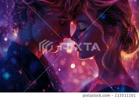 Prom king and queen. Young couple in love standing in a dimly lit room. Surrounded by vibrant purple and blue neon light, sprinkles, splashes, glitters and sparkles. Prom king and queen. Young couple in love standing in a dimly lit room. Surrounded by vibrant purple and blue neon light, sprinkles, splashes, glitters and sparkles. 113511101