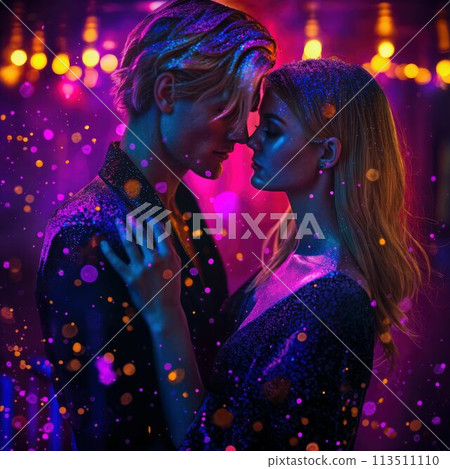 Prom king and queen. Young couple in love standing in a dimly lit room. Surrounded by vibrant purple and blue neon light, sprinkles, splashes, glitters and sparkles. 113511110