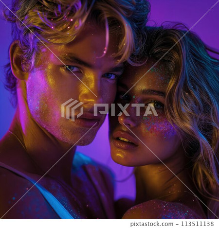 Prom king and queen. Young couple in love standing in a dimly lit room. Surrounded by vibrant purple and blue neon light, sprinkles, splashes, glitters and sparkles. Prom king and queen. Young couple in love standing in a dimly lit room. Surrounded by vibrant purple and blue neon light, sprinkles, splashes, glitters and sparkles. 113511138