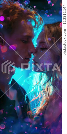 Prom king and queen. Young couple in love standing in a dimly lit room. Surrounded by vibrant purple and blue neon light, sprinkles, splashes, glitters and sparkles. 113511144
