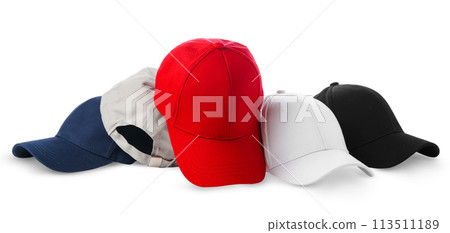 Colorful Assortment of Baseball Caps and a Ball on White Background 113511189