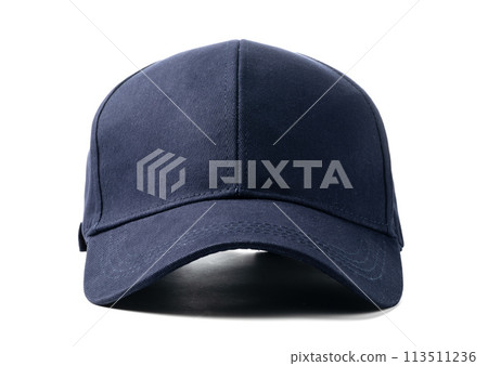 Navy Blue Baseball Cap on a White Background With Clear Lighting Navy Blue Baseball Cap on a White Background With Clear Lighting 113511236