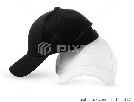 Black and White Baseball Caps Positioned Side by Side on a Clean White Background Black and White Baseball Caps Positioned Side by Side on a Clean White Background 113511357