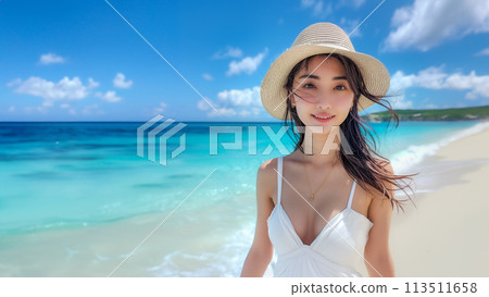 Smiling woman in a white dress on the beach 113511658