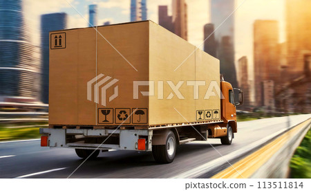 Large Cardboard Box Package on a Truck Ready for Delivery in the City - Generative Ai 113511814