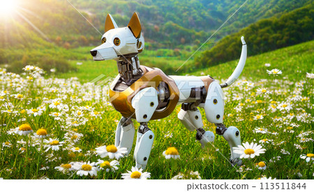 Robot Dog Standing on a Green Grass of a Meadow with Many Daisy Flowers - Generative Ai 113511844