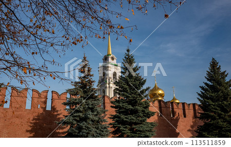 The wall of the Tula Kremlin and the bell tower of the Assumption Cathedral in the center of Tula. The wall of the Tula Kremlin and the bell tower of the Assumption Cathedral in the center of Tula. 113511859