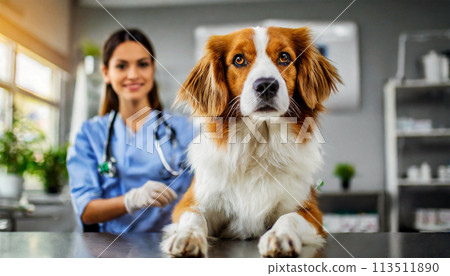 Beautiful Dog on the Table in a Veterinary Clinic Looking at Camera - Generative Ai 113511890