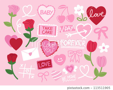 Illustrations of Valentine's Day icon such as red rose, pink rose, pink heart, flowers, love letter for sticker, tattoo, logo, card, decoration, print, sign, symbol, clothing, fashion, accessories Illustrations of Valentine's Day icon such as red rose, pink rose, pink heart, flowers, love letter for sticker, tattoo, logo, card, decoration, print, sign, symbol, clothing, fashion, accessories 113511905