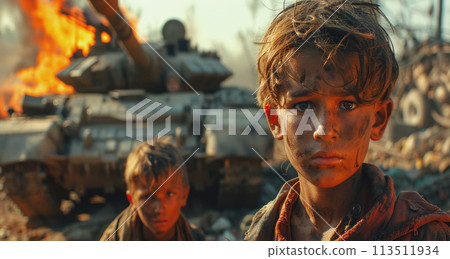 Kind with dirty faces and shabby clothes watch a war scene, a tank is burning in the background 113511934