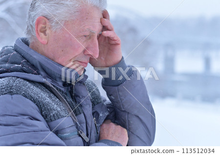 Portrait of thoughtful senior man at winter park Portrait of thoughtful senior man at winter park 113512034