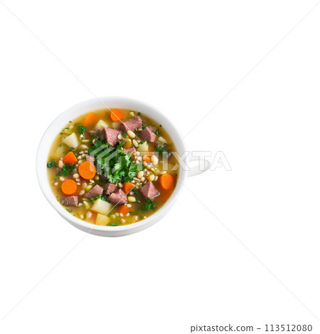 Beef and vegetable soup with barley and parsley a hearty broth with tender beef mixed Beef and vegetable soup with barley and parsley a hearty broth with tender beef mixed 113512080