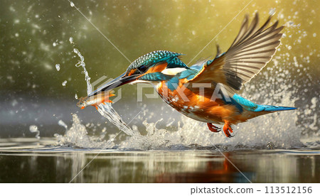 Beautiful Kingfisher Catching a Small Fish - Generative Ai 113512156