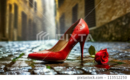 Closeup of a Red High-heeled Shoe Abandoned on a City Street - Generative Ai 113512250