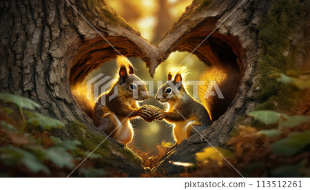 Couple of Red Squirrels in a Heart Shaped Tree Trunk - Generative Ai Couple of Red Squirrels in a Heart Shaped Tree Trunk - Generative Ai 113512261