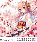 A woman in a kimono stands in front of cherry blossoms 113512263