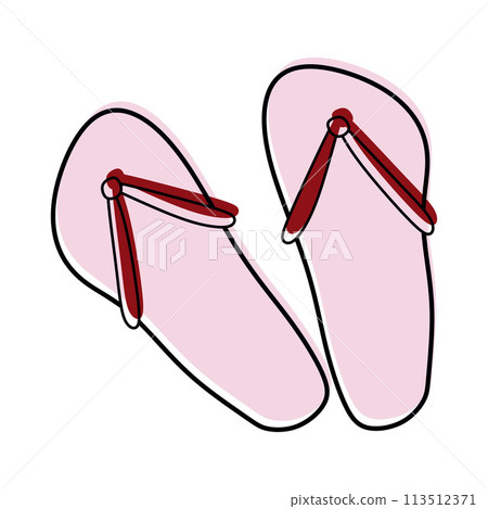 Doodle Flipflops icon with Color shapes. Isolated Vector Outline Illustration, Linear sticker. Beach Slippers or Sandals isolated on White. Hand drawn Summer Beach boots, Vacation concept, Sand. 113512371