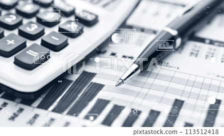 High tech financial planning with calculator, pen and dynamic data visualization 113512418