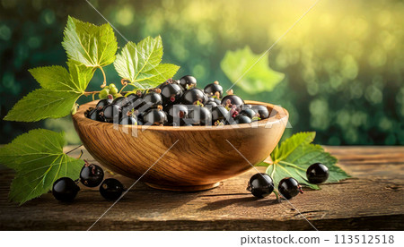 Closeup of a Wooden Bowl Full of Fresh Black Currant Berries - Generative Ai 113512518