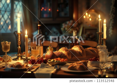 Jewish Sabbath ritual Holiday Shalom traditional challah bread candelas on kitchen table AI Generative 113512548