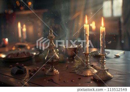 Candles on kitchen table for Jewish Sabbath ritual AI Generative 113512549