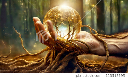 Human Hand Holding a Glass Sphere with Old Roots - Generative Ai Human Hand Holding a Glass Sphere with Old Roots - Generative Ai 113512695