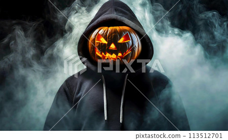 Pumpkin Head with a Scary Face Under Hoodie - Generative Ai 113512701