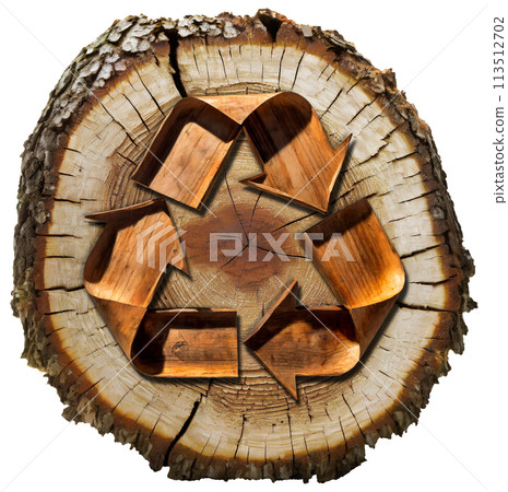 Recycling Symbol Made Of Wood - Cross Section of a Tree Trunk - Generative Ai 113512702