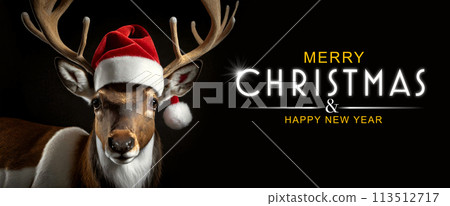 Reindeer Dressed as Santa Claus and Text Merry Christmas - Generative Ai 113512717