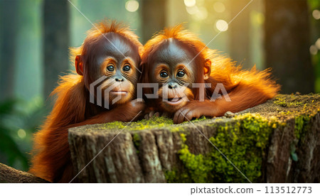 Two Baby Orangutans Looking at Camera - Generative Ai 113512773
