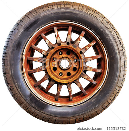Wheel with Tire and Rusty Rim Isolated on White Background - Generative Ai 113512782