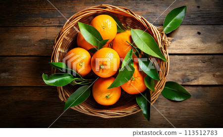 Wicker Basket Full of Ripe Orange Fruits on a Wooden Table - Generative Ai 113512783