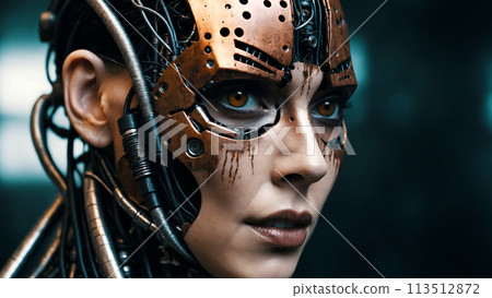 Close-up portrait of a female cyborg with a semi-metallic face 113512872