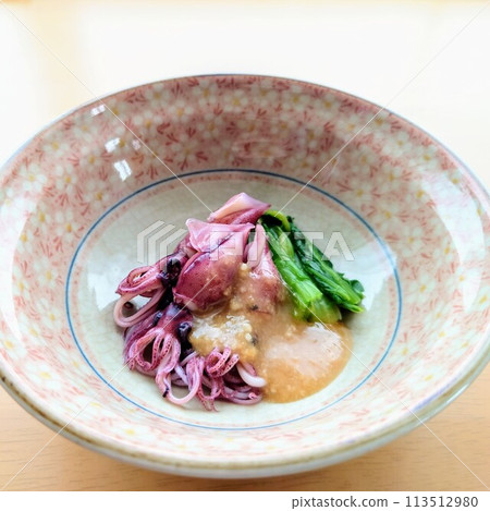 A homely side dish of firefly squid dressed in vinegared miso sauce A homely side dish of firefly squid dressed in vinegared miso sauce 113512980