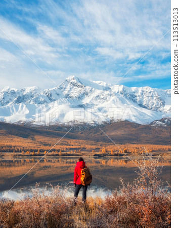 Back view of traveler in a red looking to mountain lake Back view of traveler in a red looking to mountain lake 113513013
