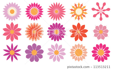Set of bright, colorful flat style flower heads, florals aesthetic. Design elements collection for logos, web pages, prints, posters, templates. 113513211
