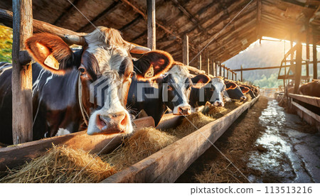 Group of Cows Feed in an Old Wooden Stable - Generative Ai 113513216