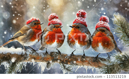 Group of Robin Birds on a Tree Branch in Winter - Generative Ai 113513219