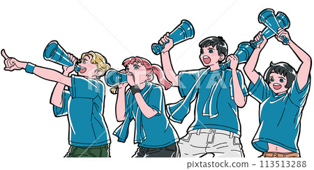 人們用擴音器歡呼 人們用擴音器歡呼 113513288