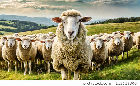 Herd of Sheep on a Mountain Pasture Looking at Camera - Generative Ai Herd of Sheep on a Mountain Pasture Looking at Camera - Generative Ai 113513306