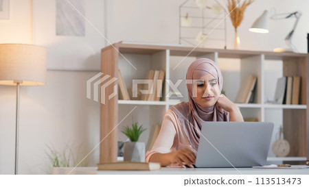 Video conference. Virtual coach. Online communication. Happy woman working indoors at laptop remote meeting call at home office desk copy space. 113513473